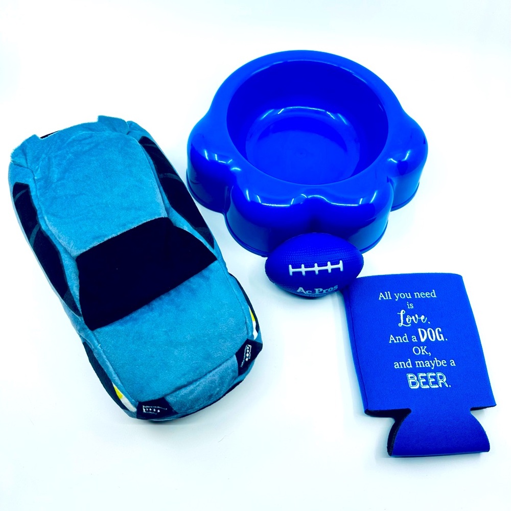 Blue Dog Set with Squeaky Plush Car, Squishy football, Dog Bowl and Dog Koozie